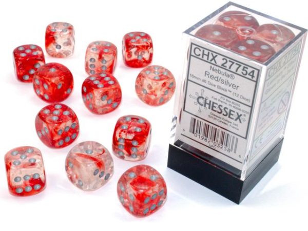 Chessex Nebula 16mm d6 Red Silver Block (12) on Sale